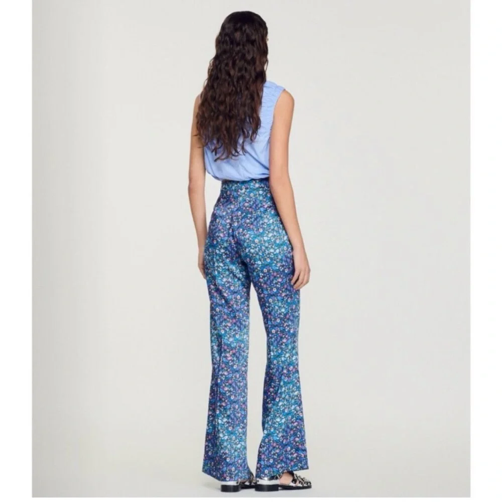 NWT Sandro Donelo Satin Floral Flare Pants in Blue Multi Size XS - Picture 4 of 13